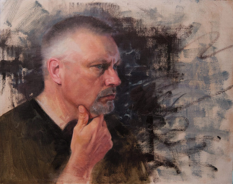 The Thinker (Self Portrait), oil on linen, 16 × 20 in by Christopher Rossow